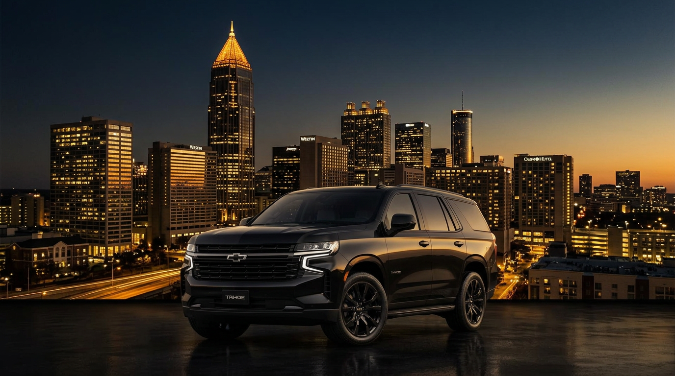 2025 Chevrolet Tahoe luxury chauffeur SUV with the downtown Atlanta skyline at dusk